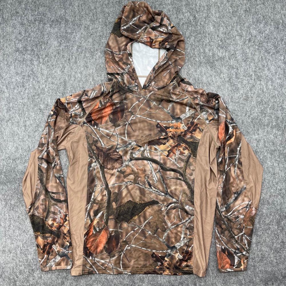 Bassdash Hoodie Mens Large Camo Fishing Performance Mesh Panels Brown Orange